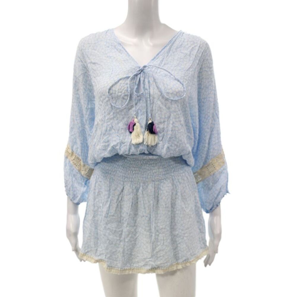 Cool Change Women Blouson Floral Blue V-Neck Above Knee Rayon Dress Size XS